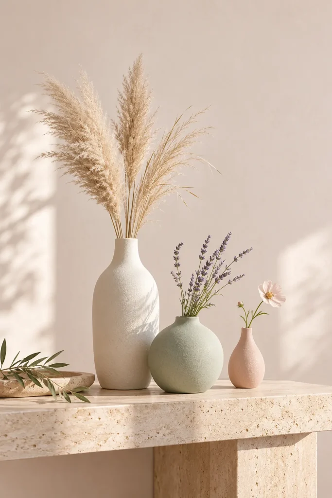 Vases en céramique mate avec herbes de la pampa séchées sur une console en travertin